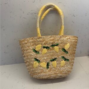 Lemon Embroidered Straw Tote Bag